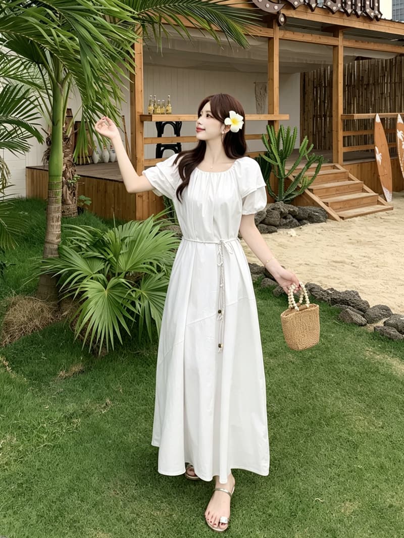 실사 빅 사이즈 여성 의류 여름 한 부서 작은 대중 디자인 센스 미니멀리즘 바람 고급 센스 휴가 큰 진자 롱 스커트 드레스 이미지 2