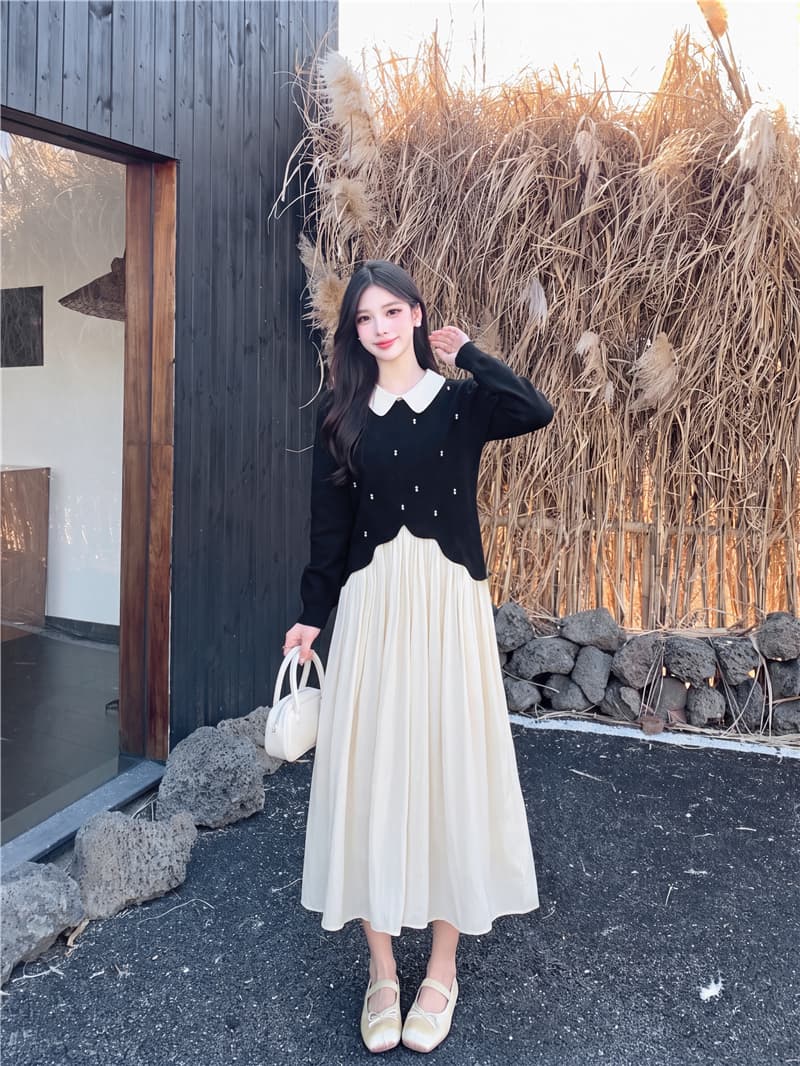 실사 빅 사이즈 여성 의류 가을 디자인 센스 허리 수축 슬림해 보이는 베이비 칼라 니트 페이크 레이어드 무거운 작업 비즈 박기 드레스 상세 이미지 3