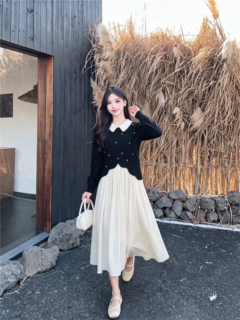 실사 빅 사이즈 여성 의류 가을 디자인 센스 허리 수축 슬림해 보이는 베이비 칼라 니트 페이크 레이어드 무거운 작업 비즈 박기 드레스 상세 이미지 9