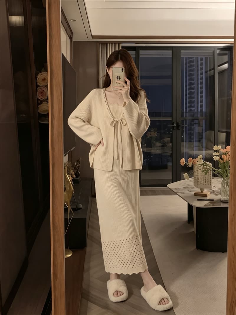 실사 빅 사이즈 여성 가을 항구 바람 레트로 느긋한 바람 품격 배트윙 소매 스웨터 코트 니트 슬립 치마 세트 상세 이미지 14