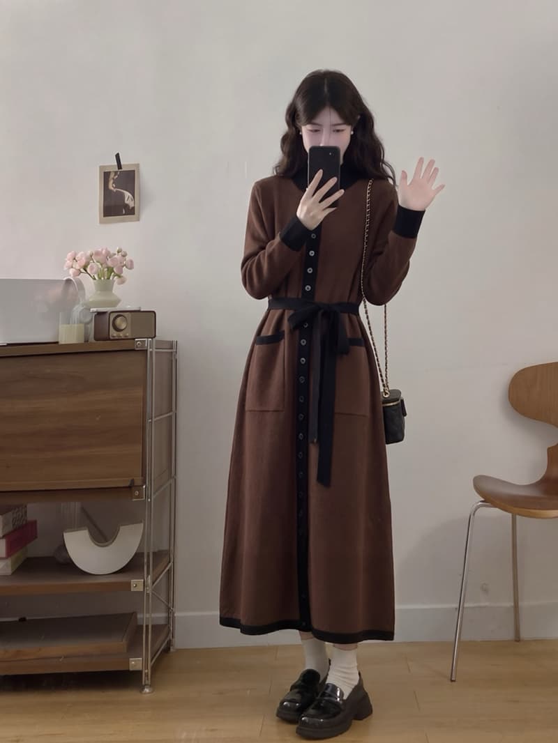 실사 빅 사이즈 여성 의류 가을 프랑스식 레트로 작은 대중 니트 스웨터 드레스 허리 수축 슬림해 보이는 항구 바람 품격 롱 스커트 이미지 2