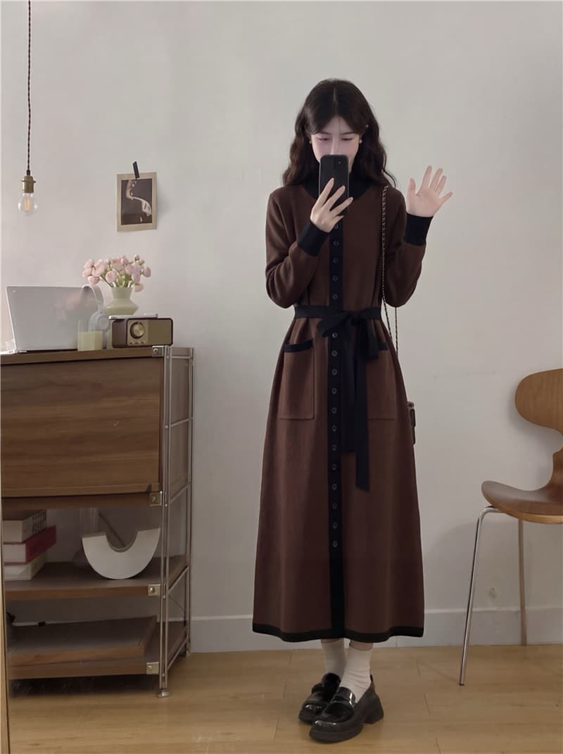실사 빅 사이즈 여성 의류 가을 프랑스식 레트로 작은 대중 니트 스웨터 드레스 허리 수축 슬림해 보이는 항구 바람 품격 롱 스커트 상세 이미지 15