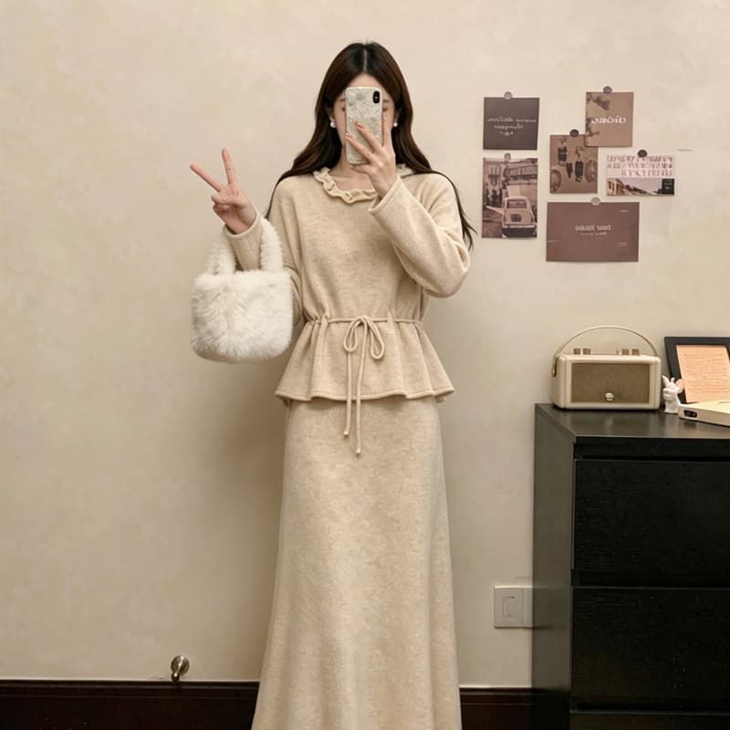 실사 빅 사이즈 여성 가을 새로운 패션 미니멀리즘 다용도 니트 펌프 로프 스웨터 프릴 반신 스커트 슬림해 보이는 투피스 세트 이미지 5