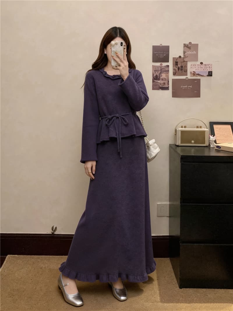 실사 빅 사이즈 여성 가을 새로운 패션 미니멀리즘 다용도 니트 펌프 로프 스웨터 프릴 반신 스커트 슬림해 보이는 투피스 세트 상세 이미지 9