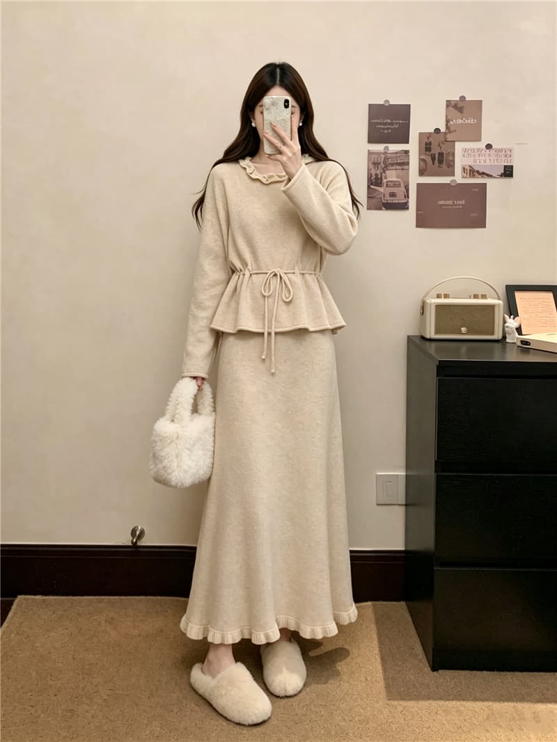 실사 빅 사이즈 여성 가을 새로운 패션 미니멀리즘 다용도 니트 펌프 로프 스웨터 프릴 반신 스커트 슬림해 보이는 투피스 세트 상세 이미지 10