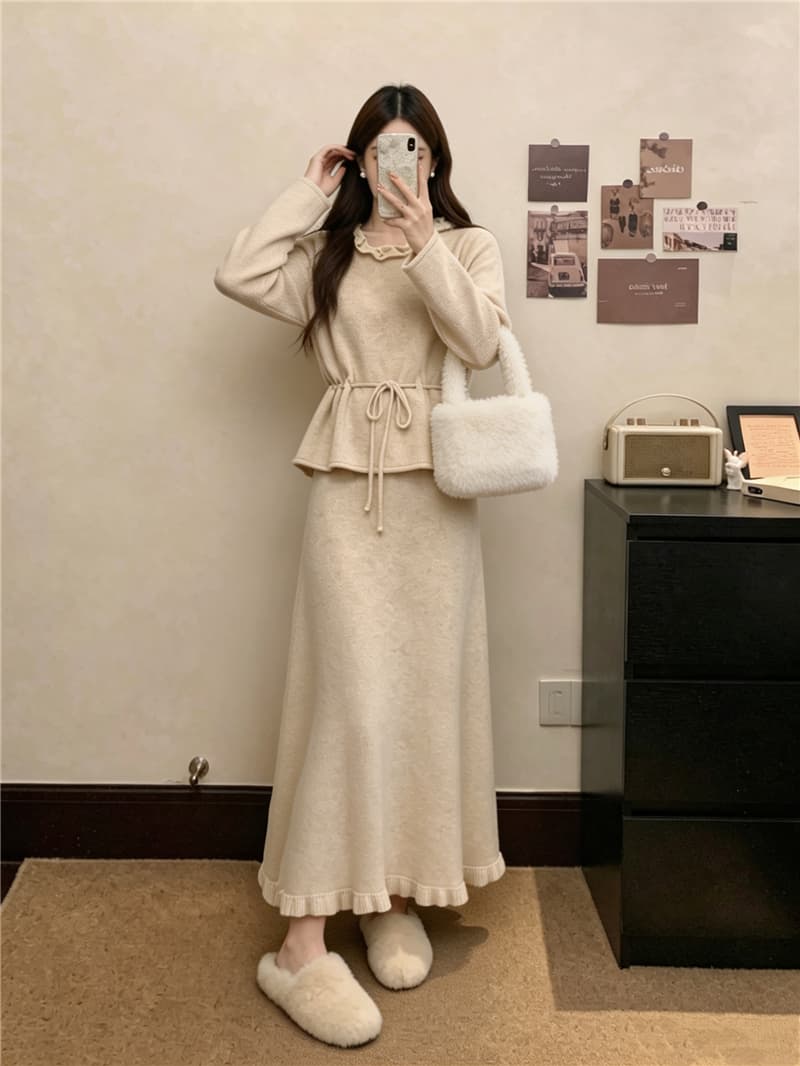 실사 빅 사이즈 여성 가을 새로운 패션 미니멀리즘 다용도 니트 펌프 로프 스웨터 프릴 반신 스커트 슬림해 보이는 투피스 세트 상세 이미지 11