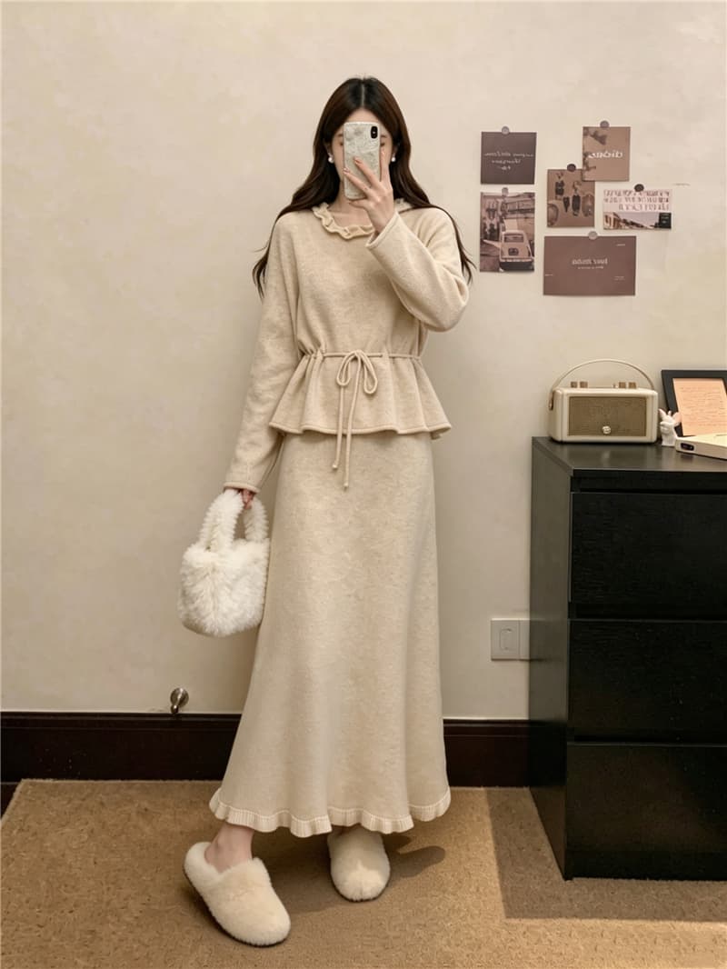 실사 빅 사이즈 여성 가을 새로운 패션 미니멀리즘 다용도 니트 펌프 로프 스웨터 프릴 반신 스커트 슬림해 보이는 투피스 세트 상세 이미지 13