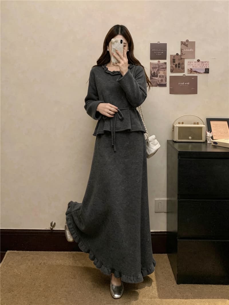 실사 빅 사이즈 여성 가을 새로운 패션 미니멀리즘 다용도 니트 펌프 로프 스웨터 프릴 반신 스커트 슬림해 보이는 투피스 세트 상세 이미지 15