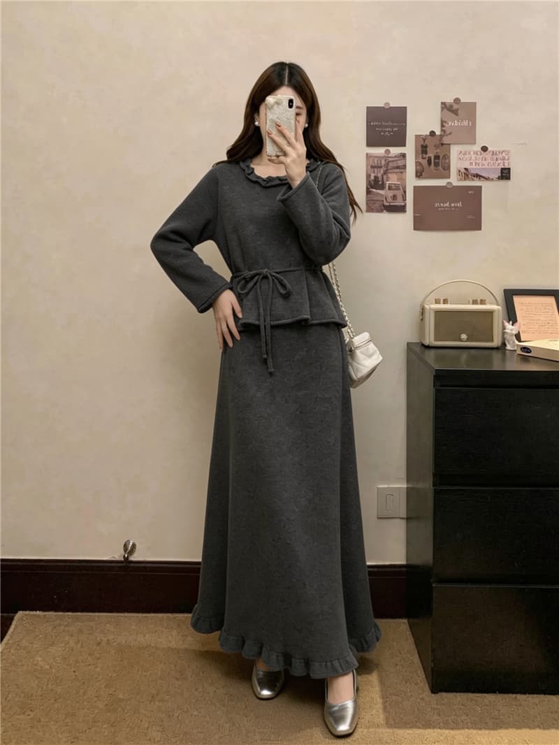 실사 빅 사이즈 여성 가을 새로운 패션 미니멀리즘 다용도 니트 펌프 로프 스웨터 프릴 반신 스커트 슬림해 보이는 투피스 세트 상세 이미지 16
