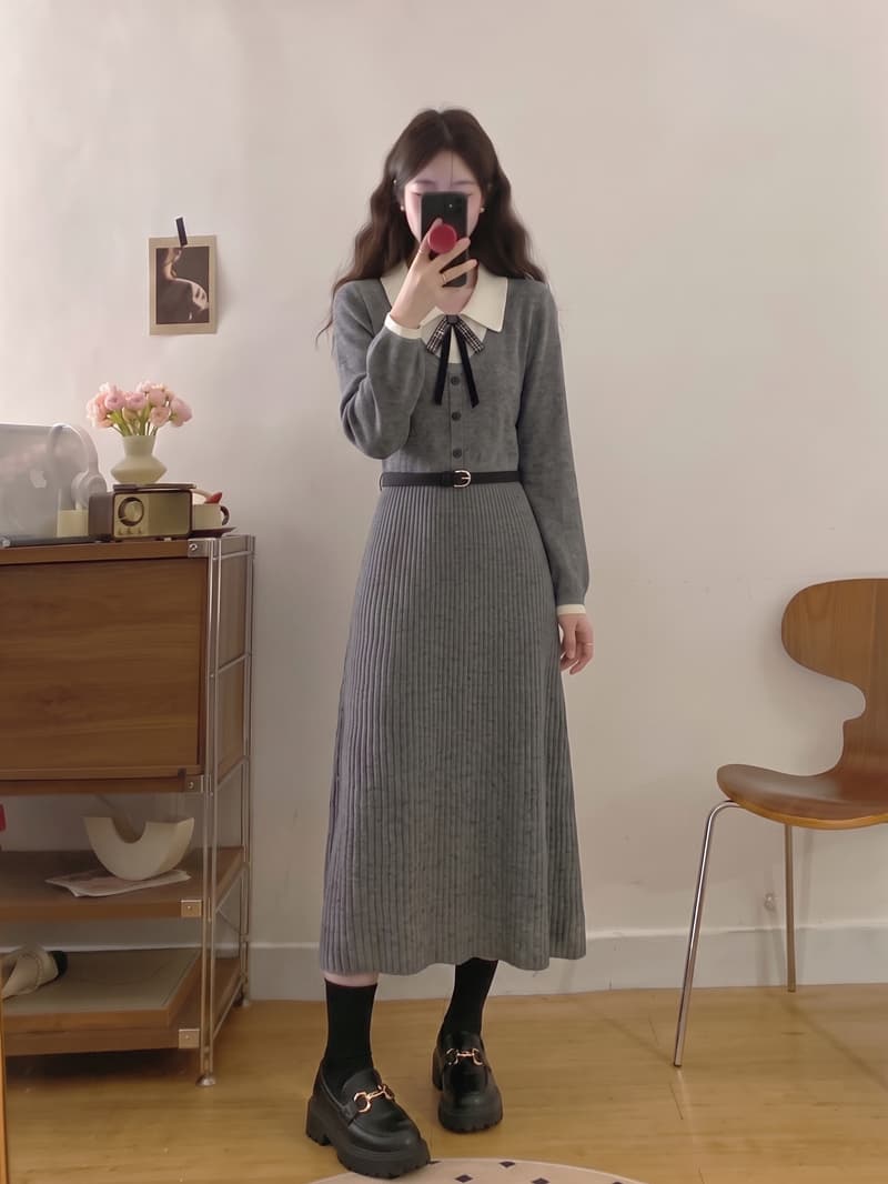 실사 빅 사이즈 여성 의류 가을 프랑스식 레트로 페이크 레이어드 긴팔 인사이드 가져 가라. 니트 드레스 허리 수축 고급 롱 스커트 이미지 3