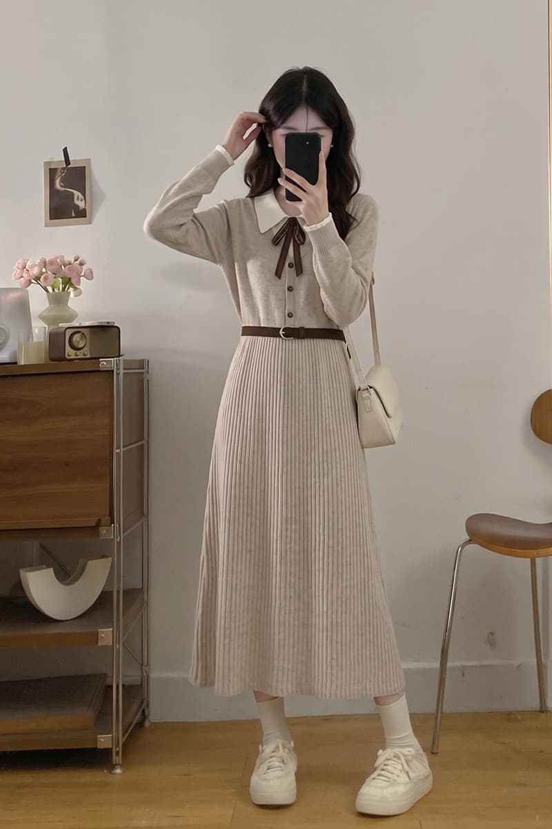 실사 빅 사이즈 여성 의류 가을 프랑스식 레트로 페이크 레이어드 긴팔 인사이드 가져 가라. 니트 드레스 허리 수축 고급 롱 스커트 이미지 6