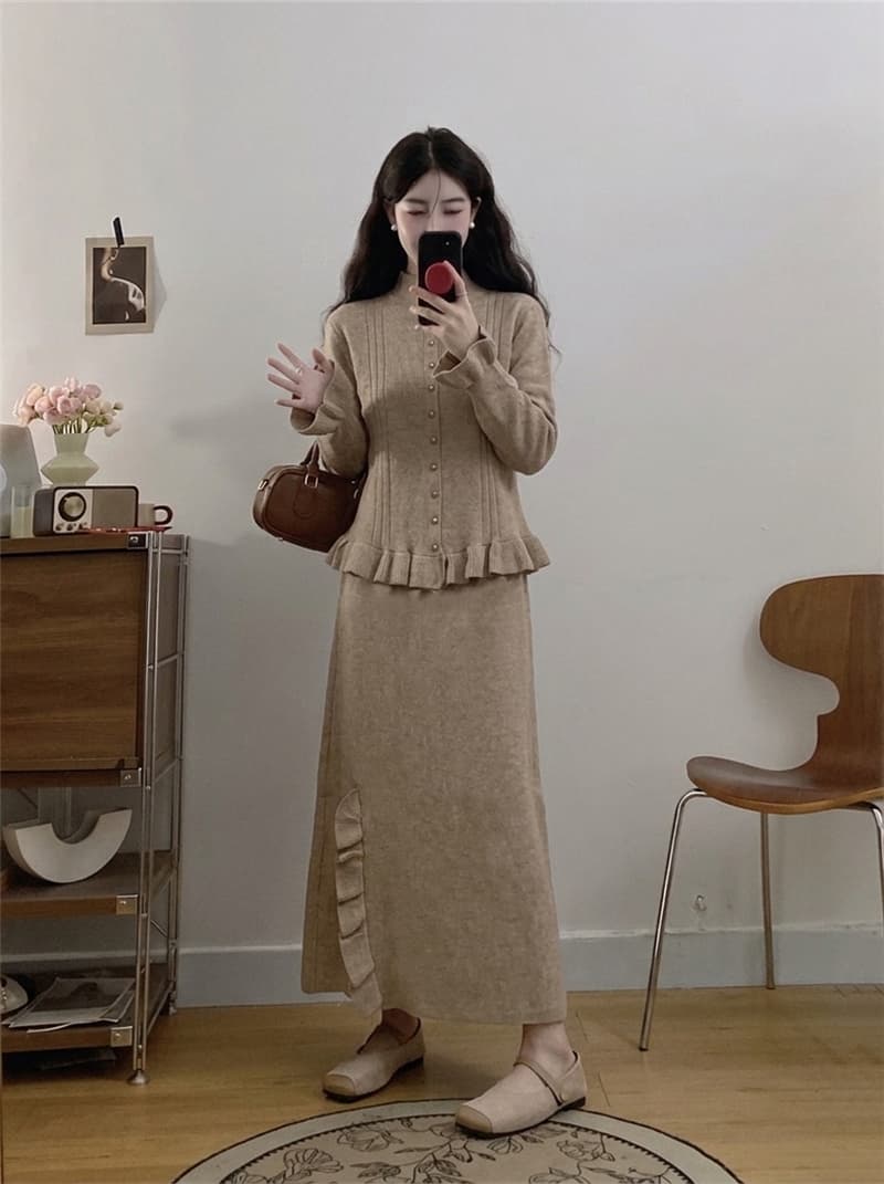 실사 빅 사이즈 여성 가을 새로운 빛 요리 한 바람 프릴 니트 스웨터 패션 레트로 반신 스커트 투피스 세트 상세 이미지 4