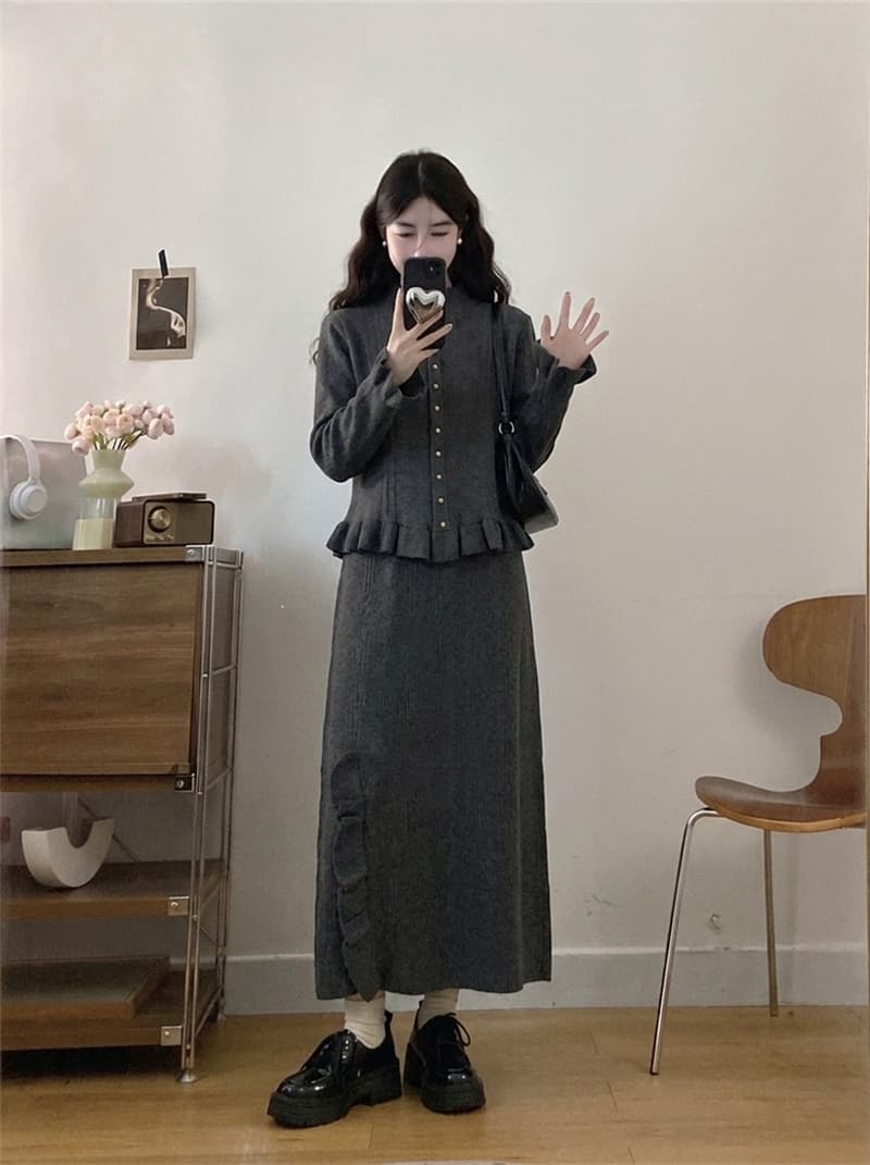 실사 빅 사이즈 여성 가을 새로운 빛 요리 한 바람 프릴 니트 스웨터 패션 레트로 반신 스커트 투피스 세트 상세 이미지 10