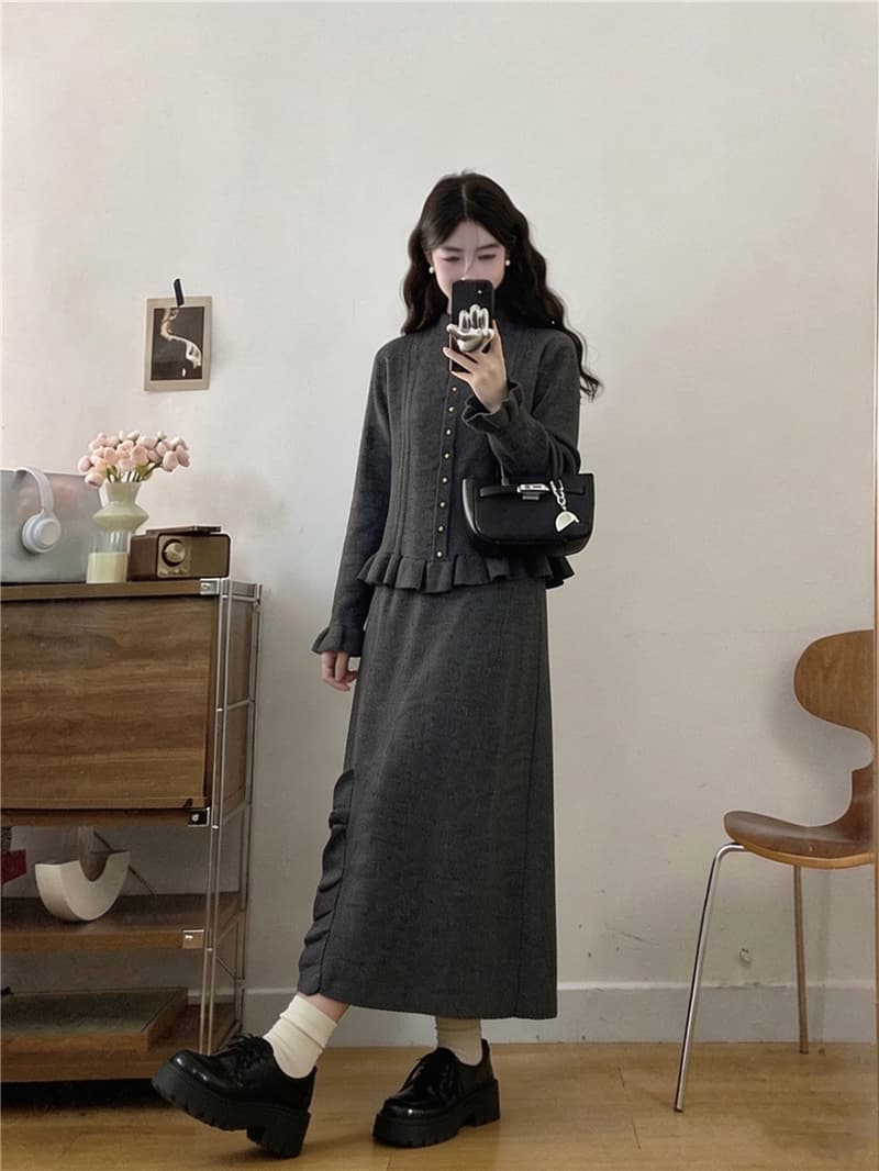 실사 빅 사이즈 여성 가을 새로운 빛 요리 한 바람 프릴 니트 스웨터 패션 레트로 반신 스커트 투피스 세트 상세 이미지 12