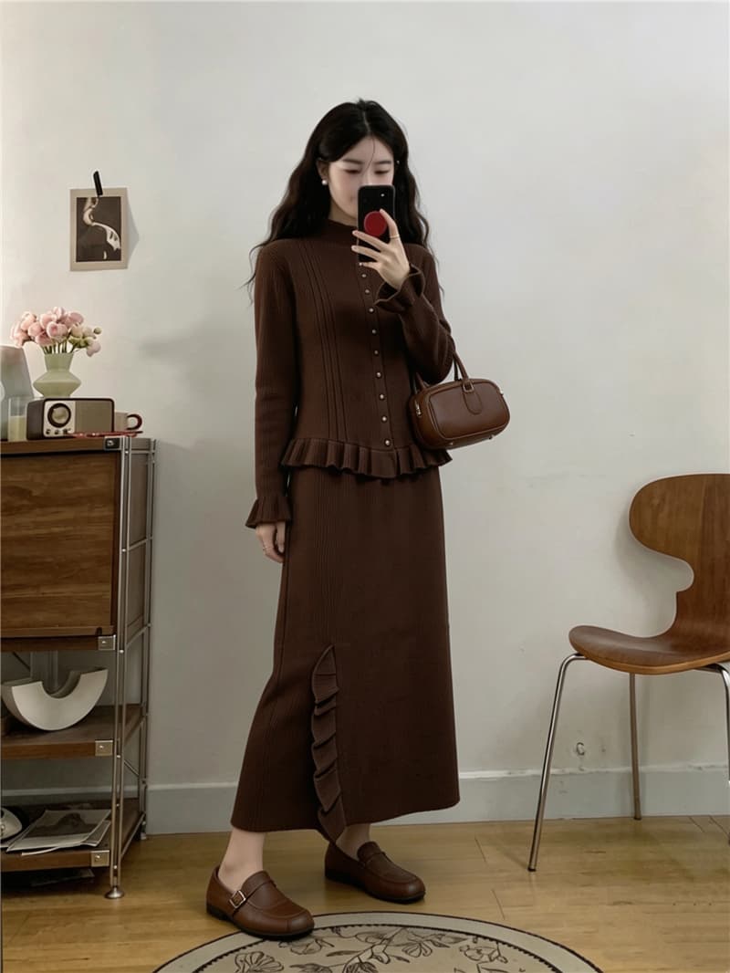 실사 빅 사이즈 여성 가을 새로운 빛 요리 한 바람 프릴 니트 스웨터 패션 레트로 반신 스커트 투피스 세트 상세 이미지 16