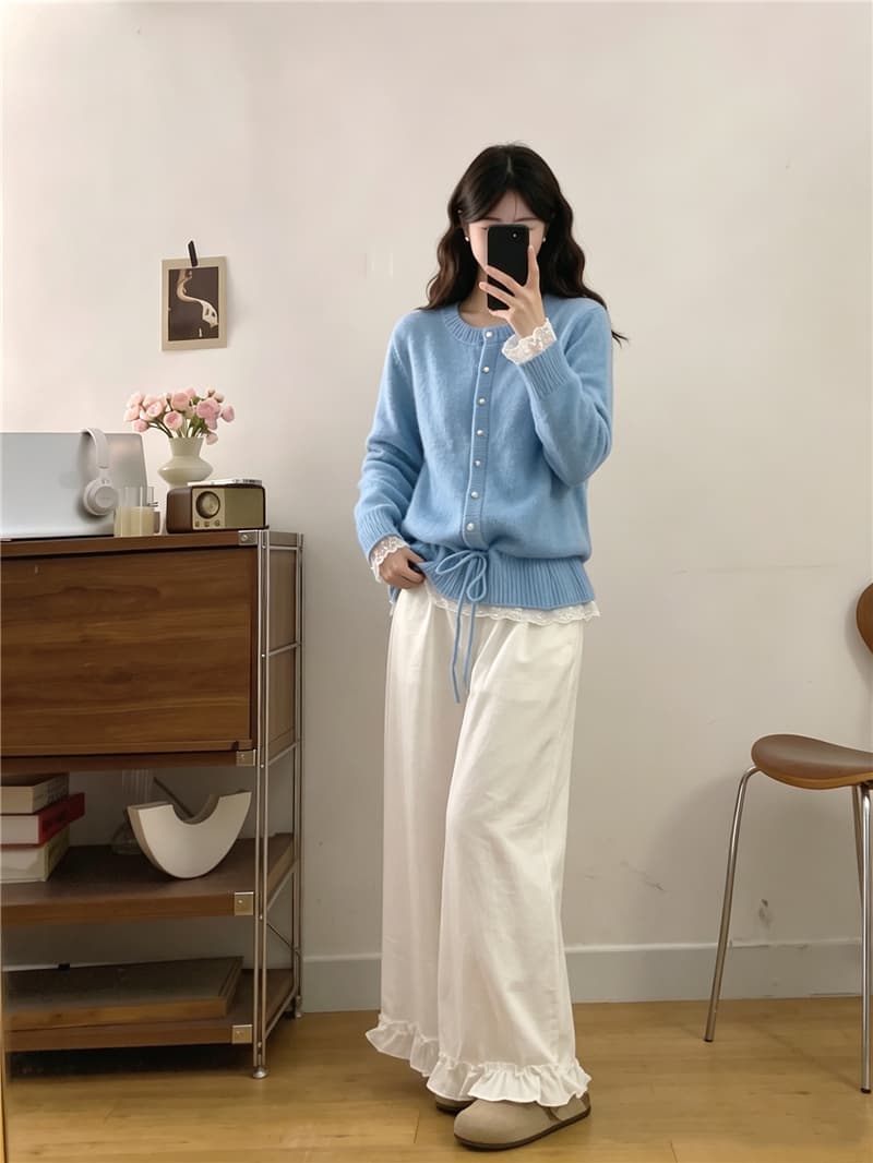 실사 빅 사이즈 여성 가을 새로운 지방 mm 한 부서 느긋한 슬림해 보이는 펌프 로프 패치워크 레이스 진주 버클 스웨터 카디건 코트 상세 이미지 7