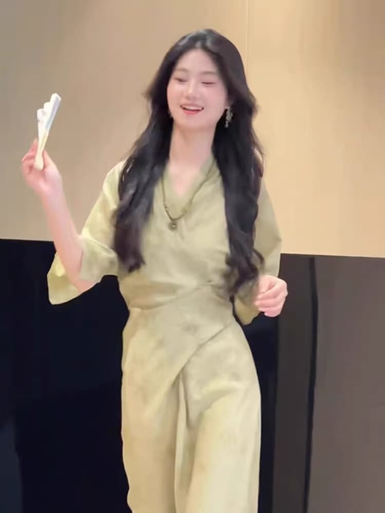 새로운 중식 여성 의류 국풍 녹색 V넥 쉬폰 드레스 허리 수축 슬림해 보이는 빛 럭셔리 고급 센스 서리가 내린 부서 치마 상세 이미지 2