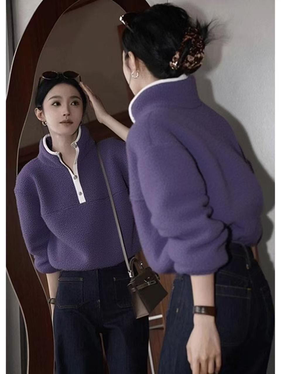 2026 겨울 도파민 느슨함 센스 느긋한 바람 고유 한 Chic 작은 대중 아니요 명중 섹션 보라색 플리스 후드티 여성 이미지 4