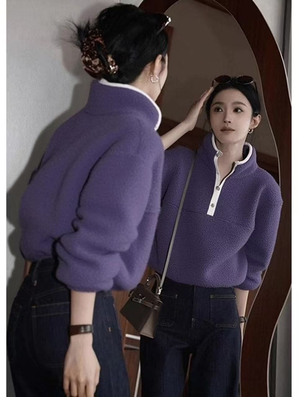 2026 겨울 도파민 느슨함 센스 느긋한 바람 고유 한 Chic 작은 대중 아니요 명중 섹션 보라색 플리스 후드티 여성 상세 이미지 4