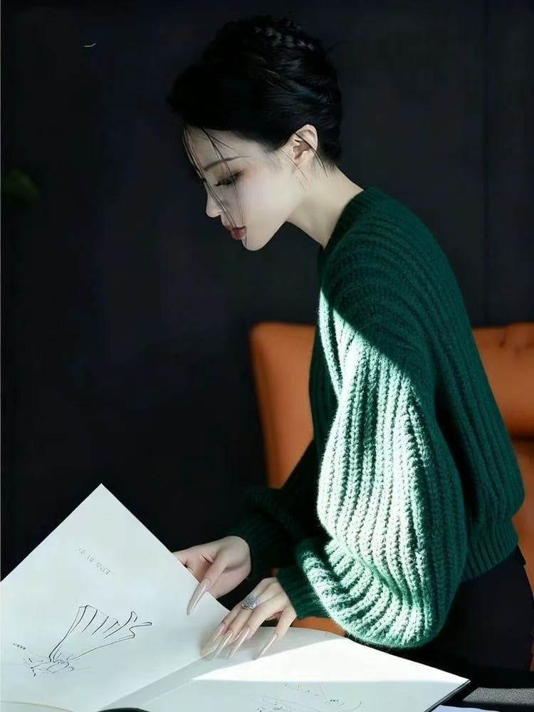 루즈핏 느긋한 바람 고급 센스 우아함 다용도 슬림해 보이는 2026 가을 겨울철 새로운 녹색 긴팔 니트 스웨터 여자 상세 이미지 5