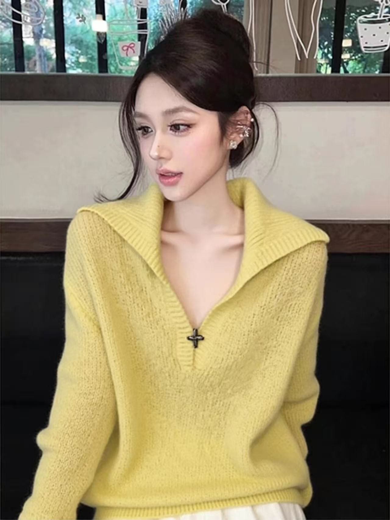 자이언트 잘 생긴 한 부서 분위기 센스 이른 가을 착용 가져 가라. 고유 한 아름다운 품격 연령 감소 루즈핏 느긋한 바람 황색 니트 스웨터 이미지 2