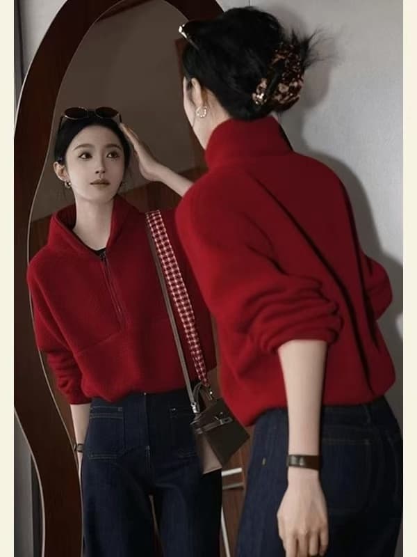 2025 겨울 크리스마스 분위기 센스 착용 가져 가라. 고급 유럽 상품 외국 가스 슈퍼 잘 생긴 연령 감소 빨간색 플리스 후드티 여성 상세 이미지 5