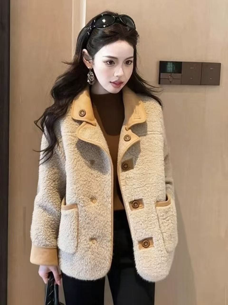 자이언트 잘 생긴 ~ 중 겨울 품격 고유 한 아름다운 고급 센스 작은 샤넬 스타일 양면 착용 카키 색 양털 여성 코트 이미지 2