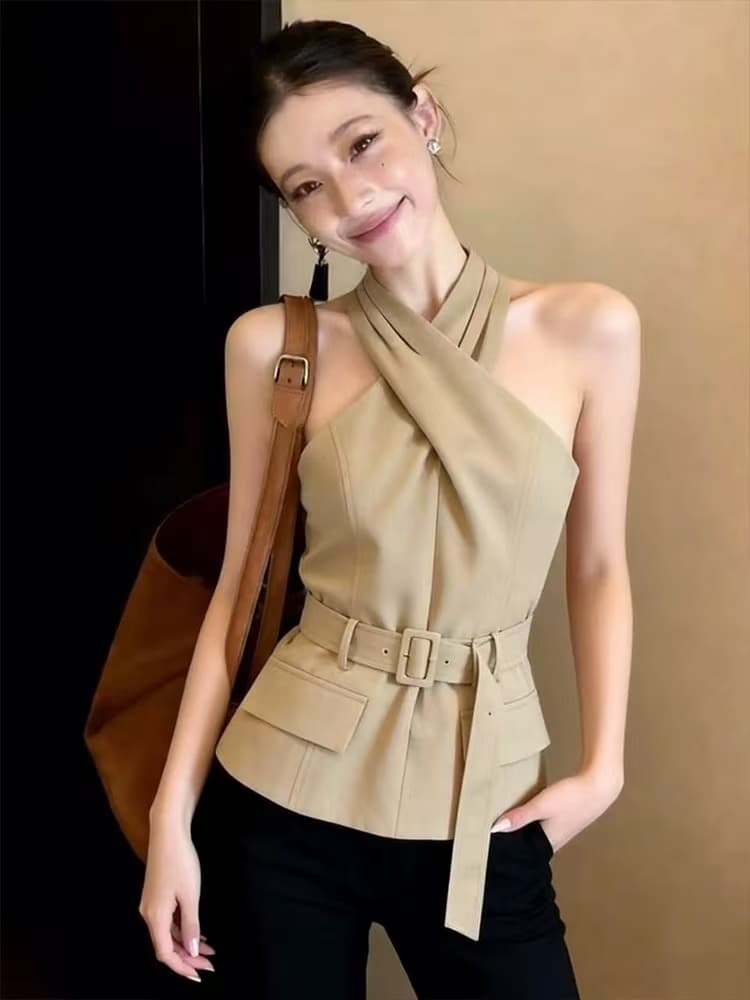 섹시함 달콤한 핫걸 십자가 행침 목 캐미솔 디자인 센스 자이언트 잘 생긴 여름 스트랩 허리 수축 민소매 맨위 상세 이미지 2