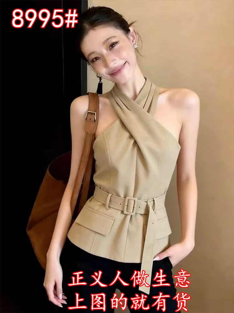섹시함 달콤한 핫걸 십자가 행침 목 캐미솔 디자인 센스 자이언트 잘 생긴 여름 스트랩 허리 수축 민소매 맨위 상세 이미지 4