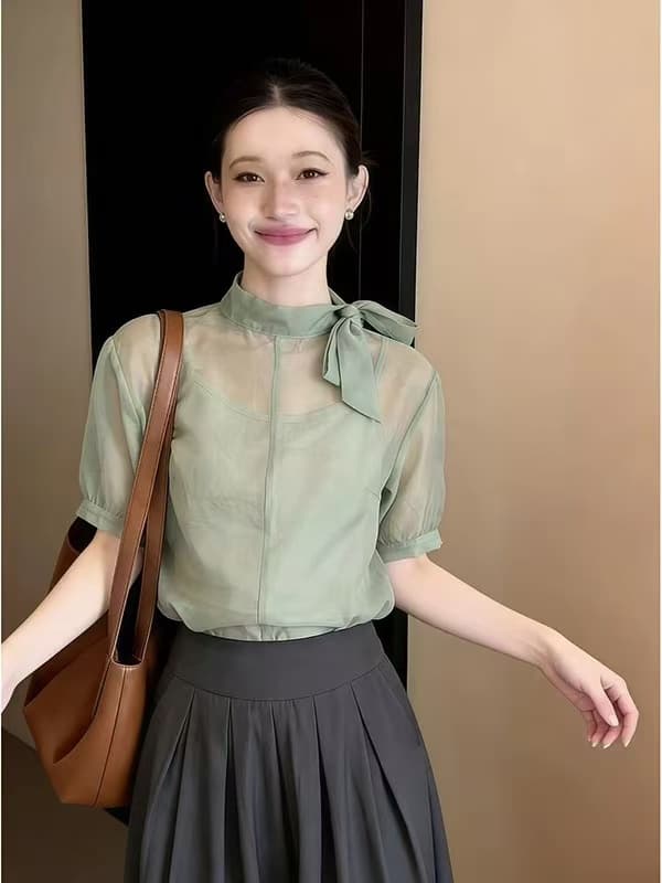 숙녀 바람 나비 매듭 레이스 업 셔츠 여성용 짧은 소매 망사 디자인 센스 고급 센스 작은 대중 맨위 우아함 섹션 스탠드 칼라 상세 이미지 7