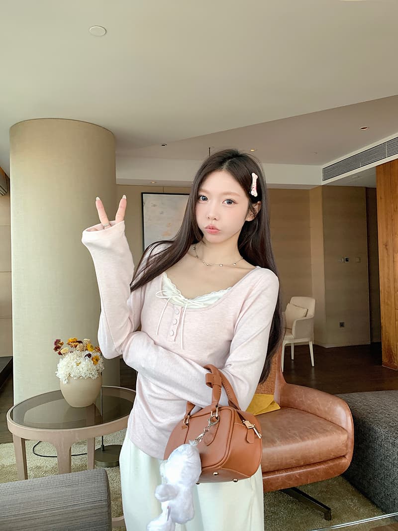 실사 특별 가격 1 1 잡아라. 털 양모 240 그램 긴팔 티셔츠 기본 셔츠 여성 봄 가을 인사이드 가져 가라. 레이스 광장 칼라 맨위 상세 이미지 16