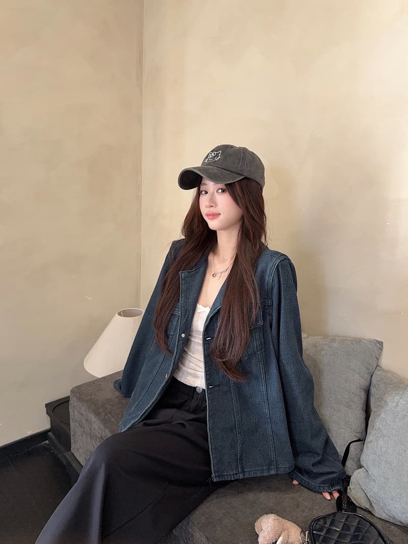 실사 정가 폴로 칼라 주머니 긴팔 마 오래된 데님 여성 코트 봄 새로운 한 부서 레트로 다용도 맨위 상세 이미지 3