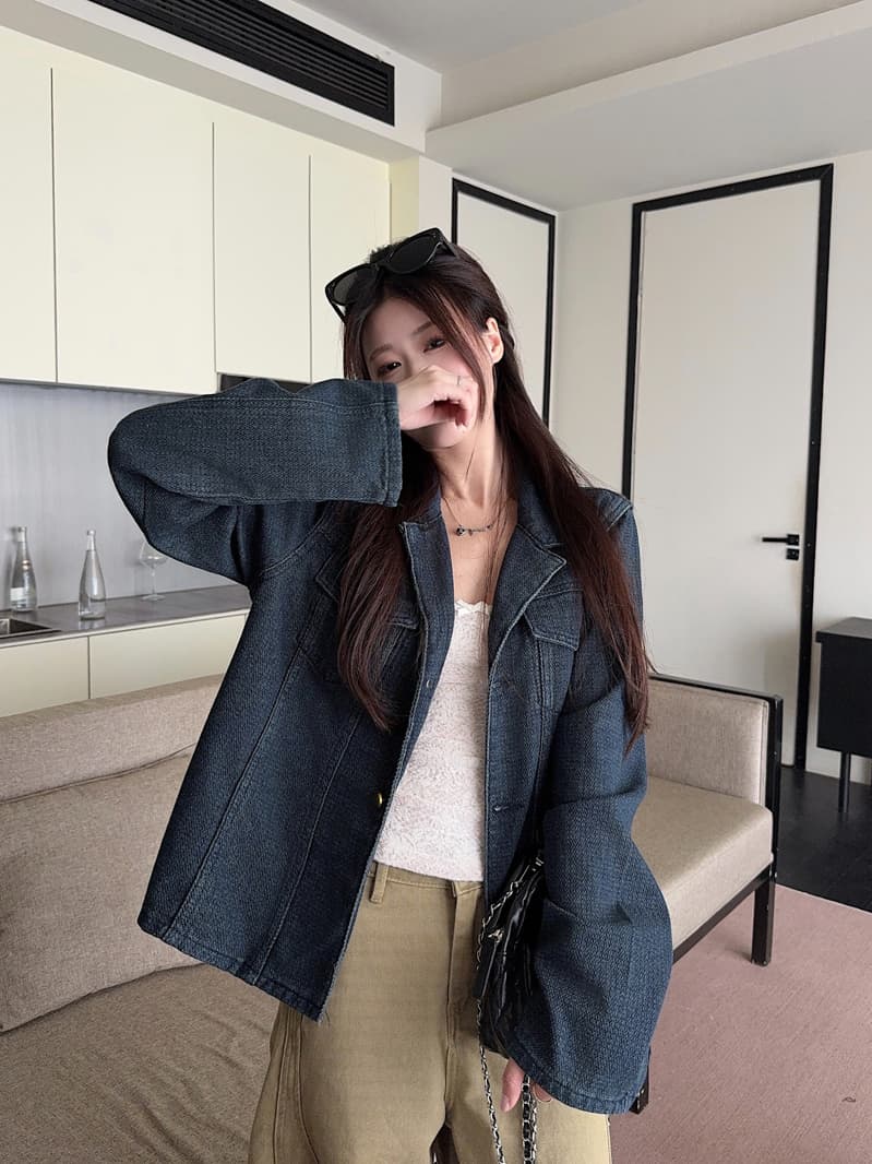실사 정가 폴로 칼라 주머니 긴팔 마 오래된 데님 여성 코트 봄 새로운 한 부서 레트로 다용도 맨위 상세 이미지 4