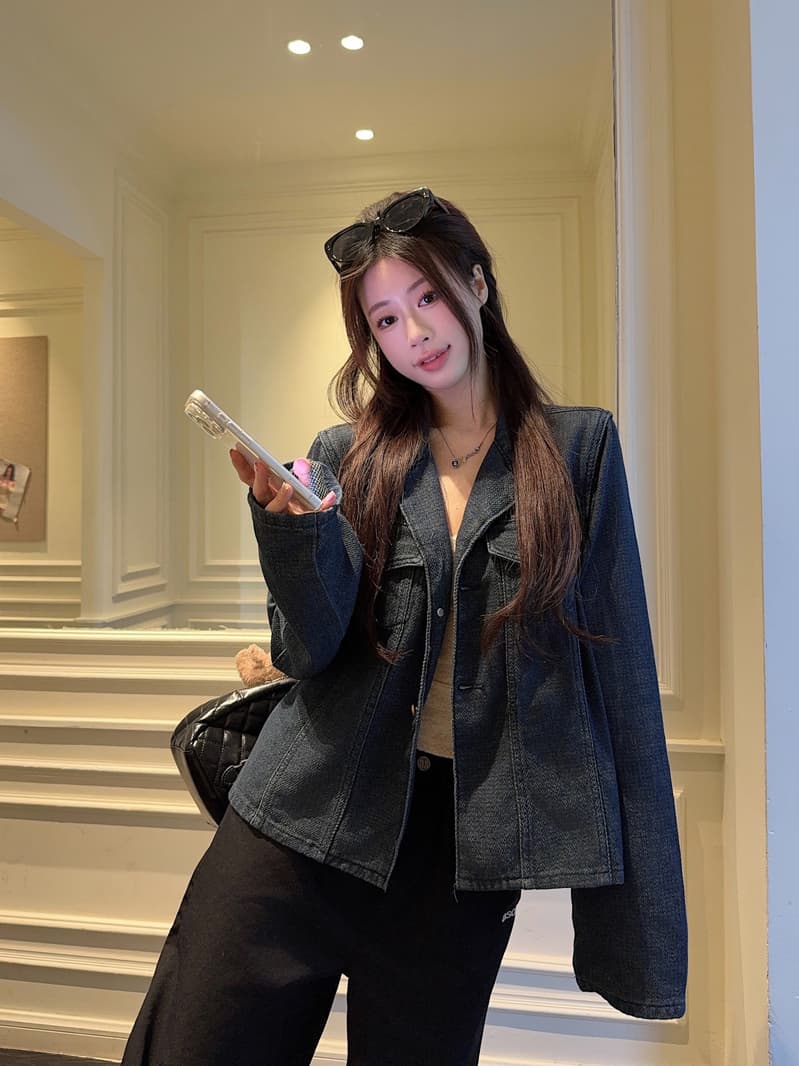 실사 정가 폴로 칼라 주머니 긴팔 마 오래된 데님 여성 코트 봄 새로운 한 부서 레트로 다용도 맨위 상세 이미지 9