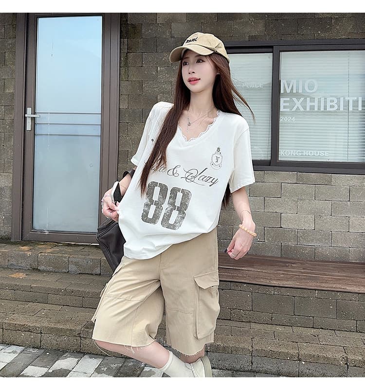 실사 빅 사이즈 여성 의류 200 kg 220 그램 순면 반팔 티셔츠 여름 트렌디 새로운 레이스 루즈핏 V넥 한국 스타일 맨위 상세 이미지 2