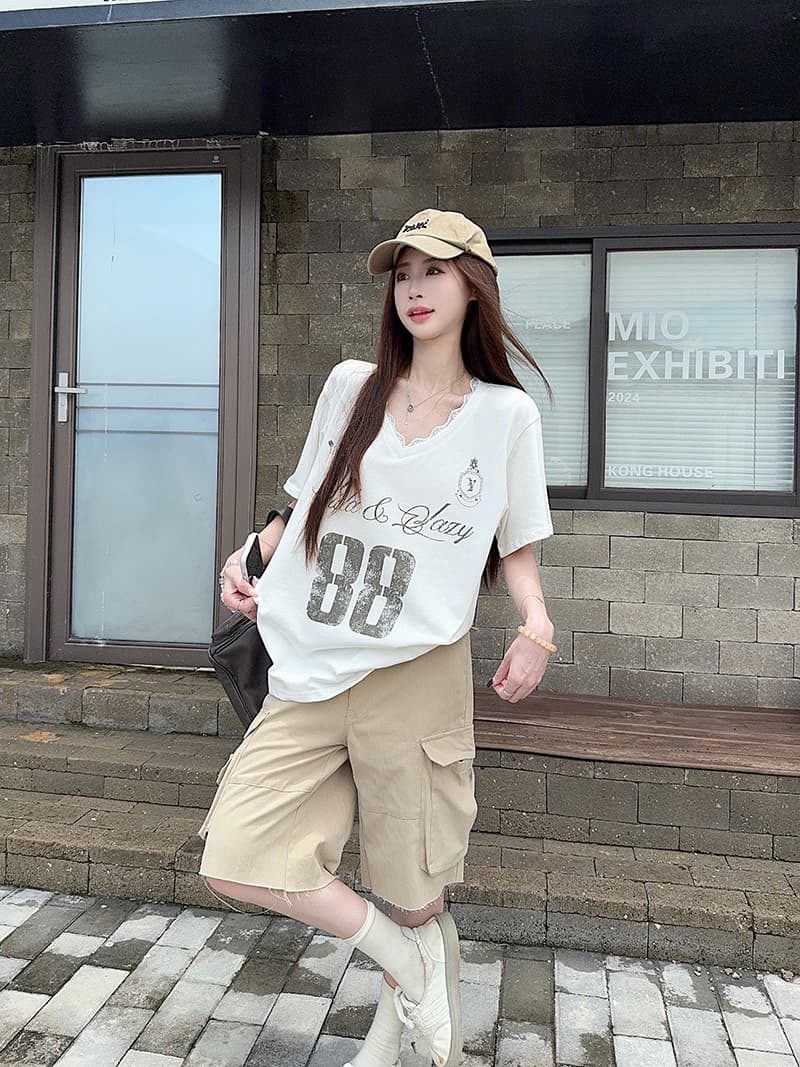 실사 빅 사이즈 여성 의류 200 kg 220 그램 순면 반팔 티셔츠 여름 트렌디 새로운 레이스 루즈핏 V넥 한국 스타일 맨위 상세 이미지 16