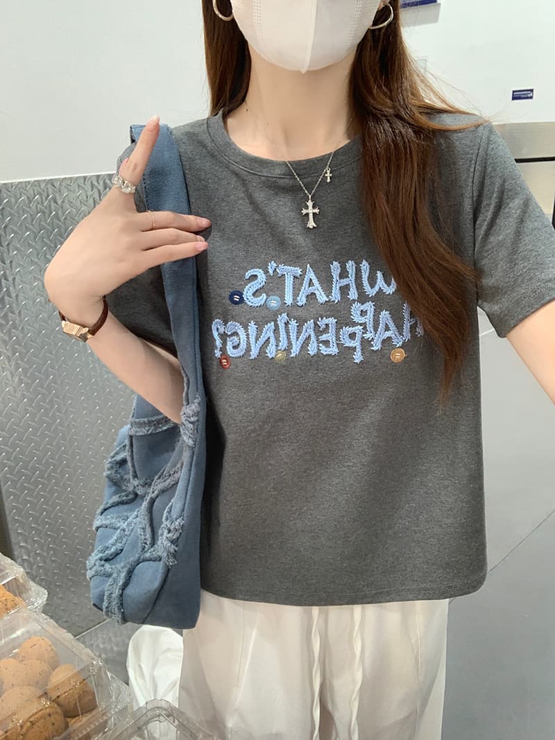 실사 특별 가격 1 1 순면 리브 210 그램 반팔 티셔츠 여성 의류 여름 몸매 가꾸기 새로운 가시 자수 라운드 넥 맨위 상세 이미지 10