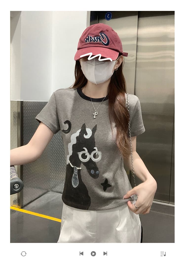 실사 특별 가격 양모 260 그램 아니요 잡아라. 털 반팔 티셔츠 여성 의류 여름 새로운 자수 수공 비즈 라운드 넥 맨위 상세 이미지 1