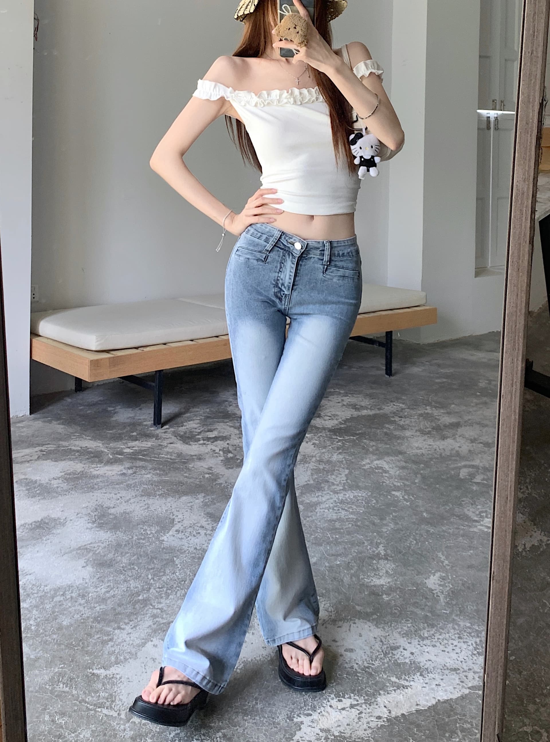 실사 아메리칸 레트로 작은 키 워싱 핫걸 로우 웨이스트 부츠컷 바지 여성 신축성 몸매 가꾸기 슬림해 보이는 나팔 긴 바지 상세 이미지 16