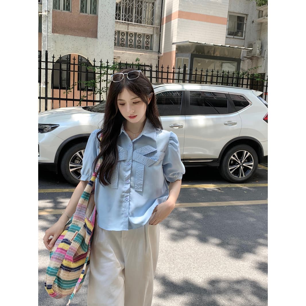 실사 정가 달콤함 나비 매듭 쇼트 스타일 맨위 여성 2026 여름 Chic POLO 칼라 거품 소매 맨위 이미지 5