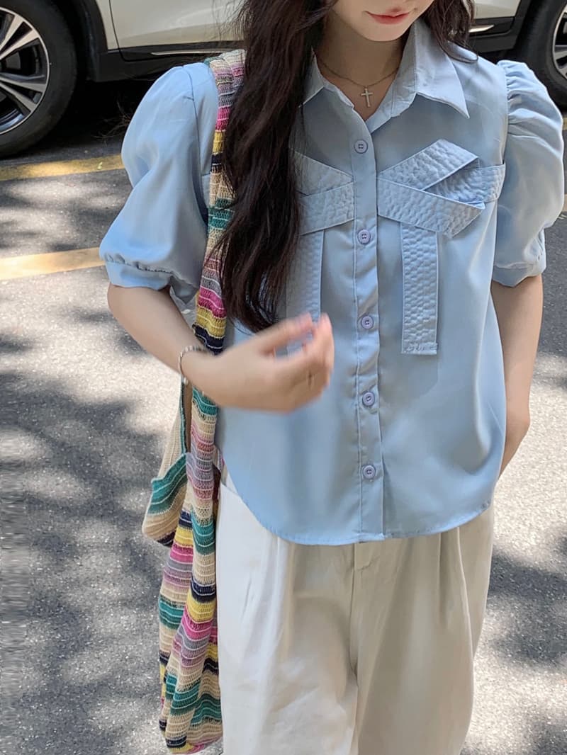 실사 정가 달콤함 나비 매듭 쇼트 스타일 맨위 여성 2026 여름 Chic POLO 칼라 거품 소매 맨위 상세 이미지 2