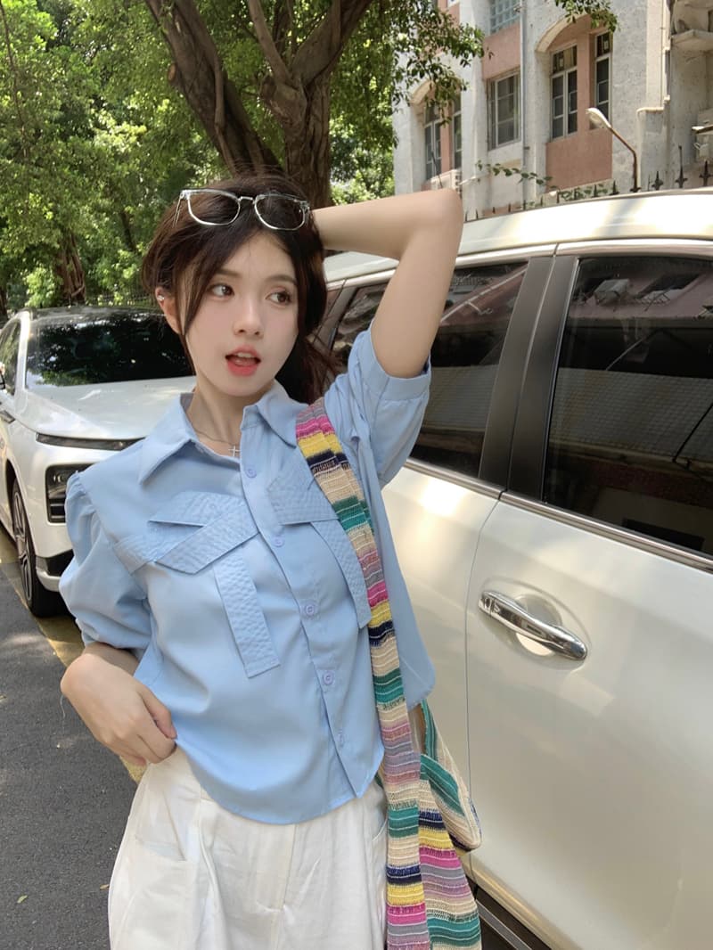 실사 정가 달콤함 나비 매듭 쇼트 스타일 맨위 여성 2026 여름 Chic POLO 칼라 거품 소매 맨위 상세 이미지 5