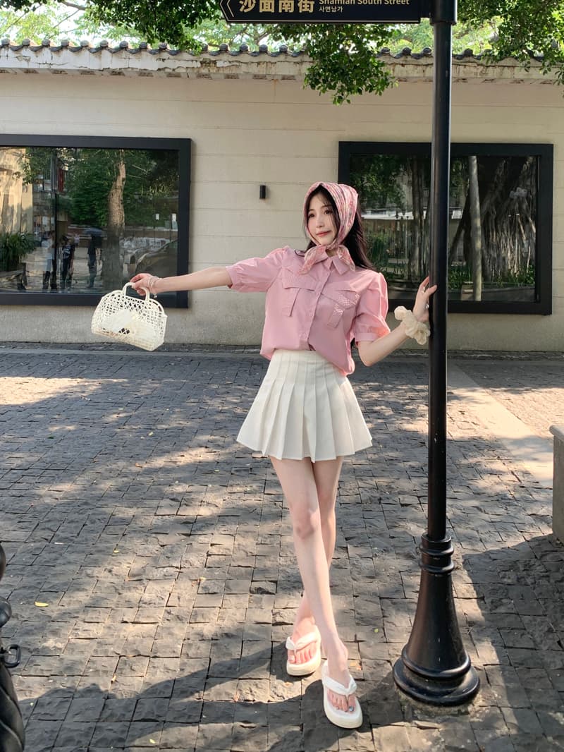 실사 정가 달콤함 나비 매듭 쇼트 스타일 맨위 여성 2026 여름 Chic POLO 칼라 거품 소매 맨위 상세 이미지 10