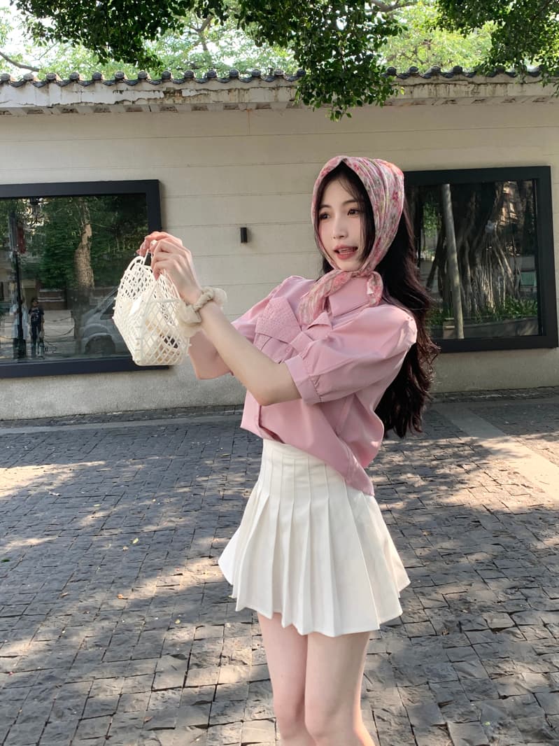 실사 정가 달콤함 나비 매듭 쇼트 스타일 맨위 여성 2026 여름 Chic POLO 칼라 거품 소매 맨위 상세 이미지 12
