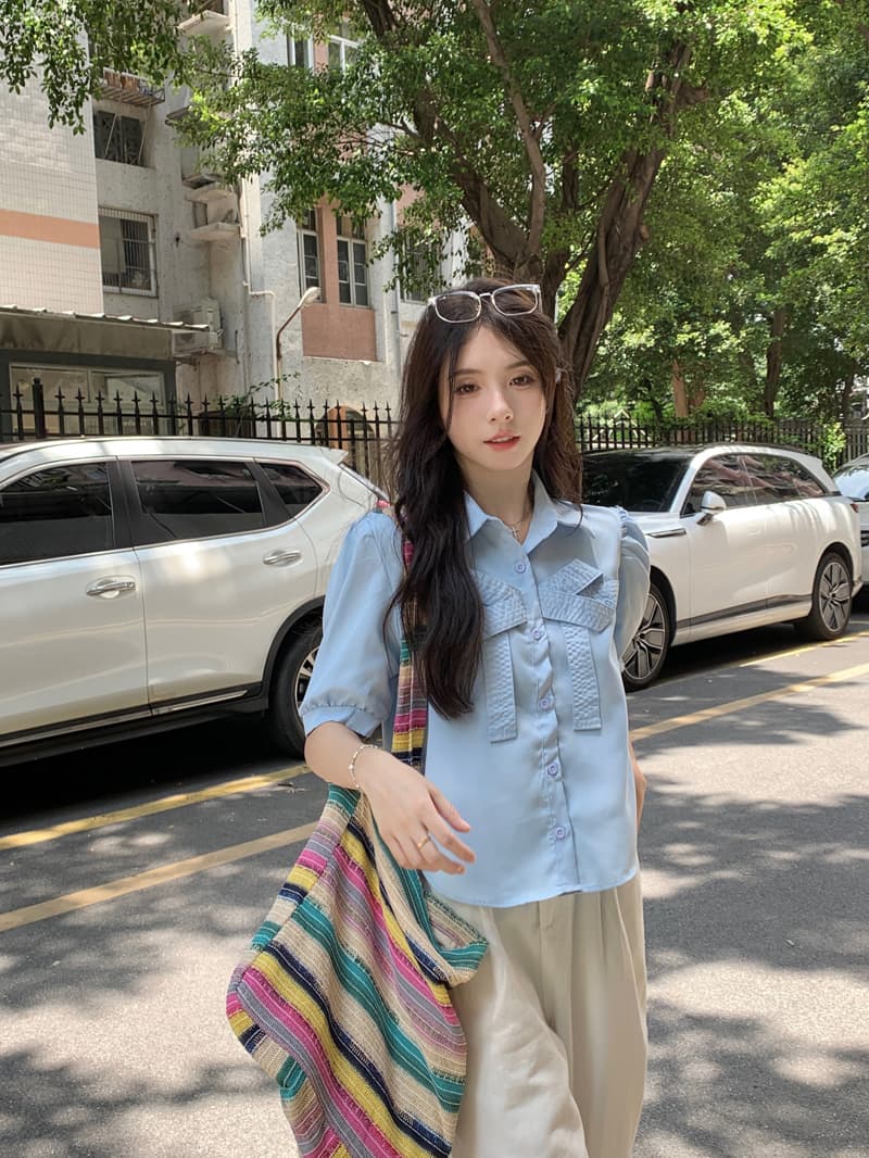 실사 정가 달콤함 나비 매듭 쇼트 스타일 맨위 여성 2026 여름 Chic POLO 칼라 거품 소매 맨위 상세 이미지 14