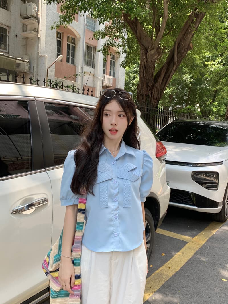 실사 정가 달콤함 나비 매듭 쇼트 스타일 맨위 여성 2026 여름 Chic POLO 칼라 거품 소매 맨위 상세 이미지 15