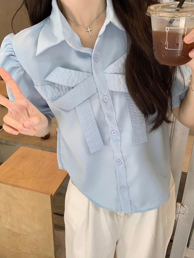 실사 정가 달콤함 나비 매듭 쇼트 스타일 맨위 여성 2026 여름 Chic POLO 칼라 거품 소매 맨위 상세 이미지 22