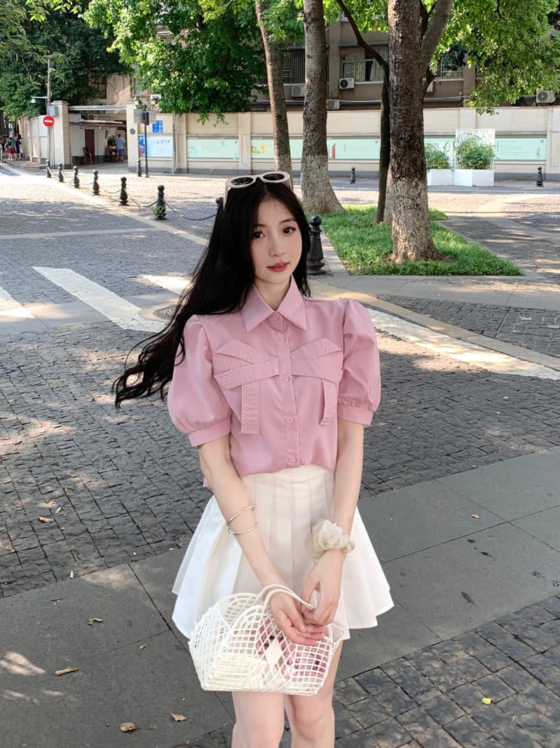 실사 정가 달콤함 나비 매듭 쇼트 스타일 맨위 여성 2026 여름 Chic POLO 칼라 거품 소매 맨위 상세 이미지 26