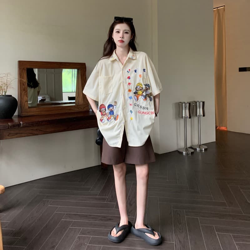 실사 정가 레트로 무거운 작업 자수 코듀로이 반팔 셔츠 여름 커플 루즈핏 캐주얼 셔츠 오픈 가디건 이미지 4