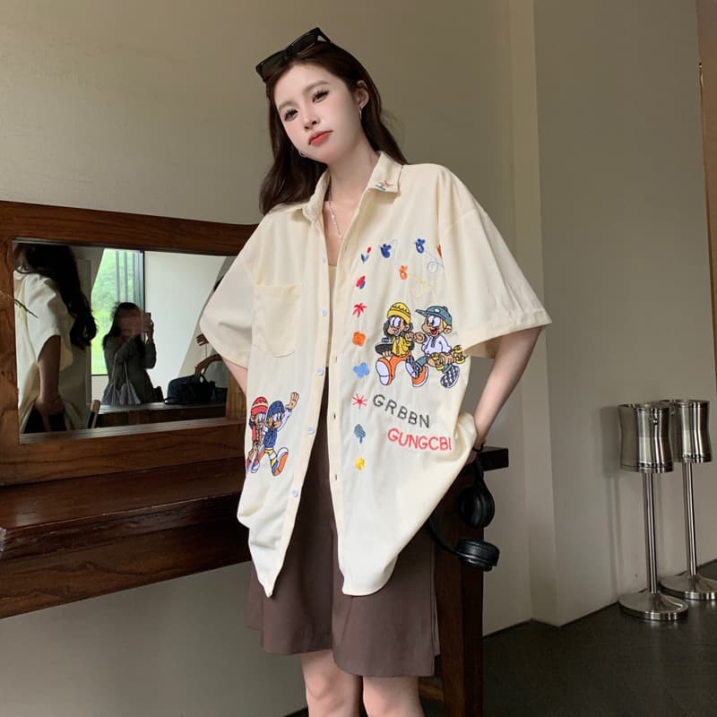 실사 정가 레트로 무거운 작업 자수 코듀로이 반팔 셔츠 여름 커플 루즈핏 캐주얼 셔츠 오픈 가디건 상세 이미지 20